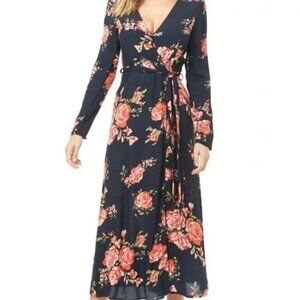 NWT Forever 21 floral long sleeve wrap midi dress Navy Pink Red Green